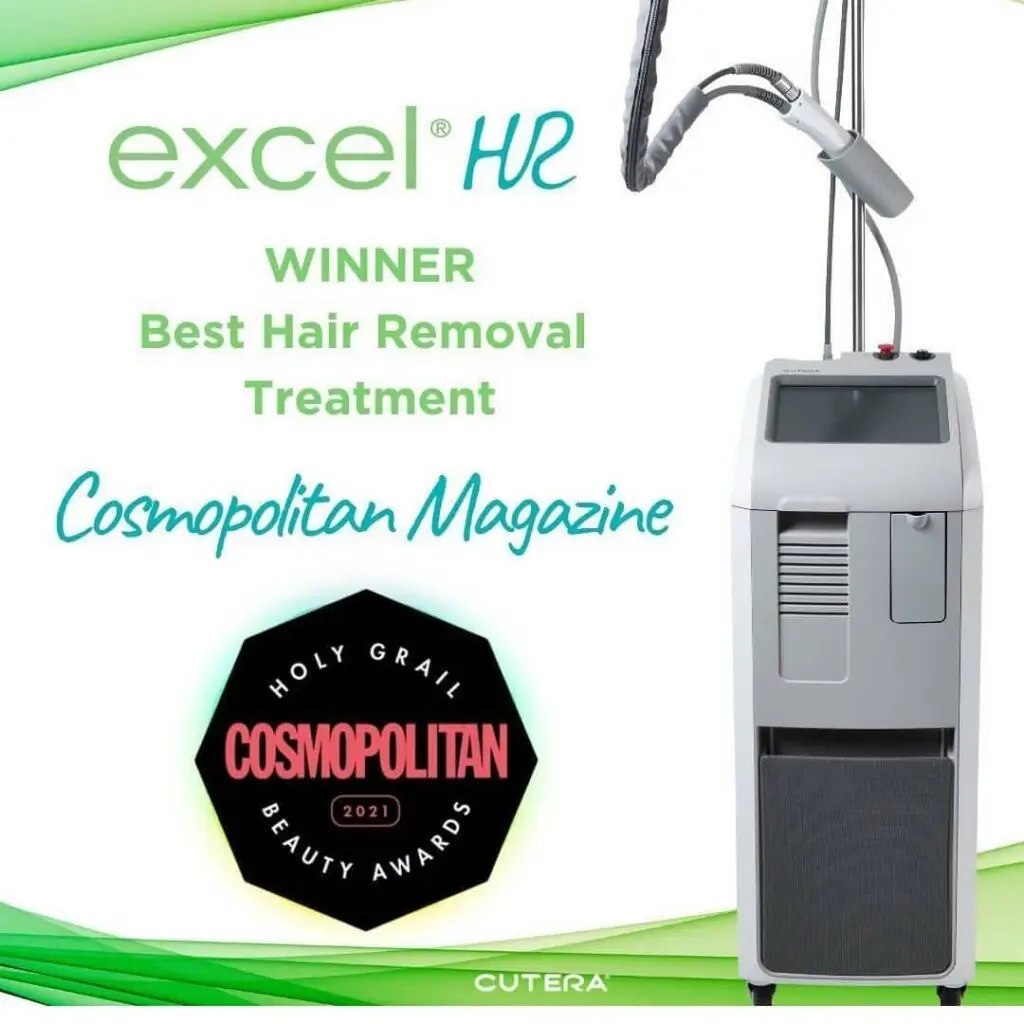 En bild på laserbehandlingsapparaten Excel HR, med texten "Winner, best hair removal treatment, Cosmopolitan Magazine"